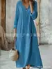 Nuevo vestido cruzado de Amazon para mujer, vestido largo de algodón y lino con cuello en V, vestido suelto de moda casual con botones y manga larga