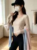 Camiseta de Manga Longa para Mulheres 2026 Nova Slim Fit Casual Base para Meninas, Top Tendência com Barra em U Estilo Ins