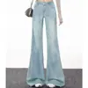 Jeans azul claro de cintura alta, levemente flare, para mulheres, novo estilo de verão 2026, corte solto, modelador e comprimento até o chão