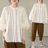 Manga sino solta, gola alta pequena, camisa plus size estilo floresta artística, jaqueta de tecido bordado