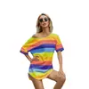 Toma real 2021 Amazon wish Nuevo top casual a rayas de manga corta suelto con cuello redondo estampado arcoíris en stock
