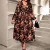 Amazon Comércio Exterior Transfronteiriço Europeu e Americano Aliexpress Vestido Longo de Manga Comprida com Ajuste na Cintura Decote V Tamanho Plus Size Roupas Femininas Inverno