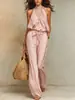 2026 Nuevo Mono Bohemio de Estilo Europeo y Americano con Cuello Halter para Mujer, Algodón y Nailon, Cintura de Corbata, Pierna Ancha, Vacaciones, Sin Mangas, Pantalón Largo