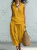 Traje de Lino para Mujer para Exportación: Conjunto Casual de Dos Piezas para Primavera/Verano: Top sin Mangas con Cuello en V y Pantalones de Pierna Ancha con Cintura Elástica
