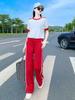 Conjunto Esportivo Casual de Moda para Mulheres Verão 2022 Estilo Europeu Novo Estilo Calça de Perna Larga Conjunto de Duas Peças Moderno