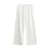 2650-26 Calça Longa Casual Solta, Calça Listrada, Cintura Alta, Calça Reta Drapeada, Listras Rosas de Verão, Cintura Elástica com Cordão