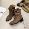 Botas de cowboy con hebilla de cinturón, botas de montar retro otoño/invierno de tacón grueso, botas de cuero, diseño tejido para mujer estilo western 2026 con suela gruesa