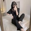 Pijama de Seda de Hielo Estilo Francés para Mujer con Almohadilla en el Pecho Encaje Traje Sexy Manga Corta Pantalón Pijama Estilo Lujo Ligero Ropa de Casa