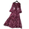 Vestido Longo Estampado Soltinho Manga Longa Estilo Dama Francesa para Mulheres Primavera Outono Amarração na Cintura Ajuste Cintura Saia Longa Evasê Saia Elegante Emagrecedora