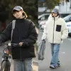 [Reversible] Chaqueta Acolchada de Algodón de Marca de Moda, Chaqueta Acolchada de Algodón Cachemir, Mismo Estilo para Hombres y Mujeres, Chaqueta Gruesa Casual Estilo Japonés para Exteriores con Logo Estampado
