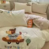 Nuevo y lindo juego de ropa de cama de cuatro piezas con bordado de gato con estampado de leopardo, funda de edredón de dibujos animados, juego de tres piezas para cama individual de dormitorio