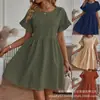 Gran Stock de Vestidos de Algodón y Lino para Sitios Independientes de Comercio Exterior Femenino Transfronterizo de Amazon, Vestidos de Bolsillo Sueltos de Algodón y Lino con Cuello Redondo