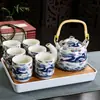 Juego de Té para el Hogar de Porcelana Azul y Blanca Retro con Filtro Tetera Cerámica Tazas de Té Olla con Asa Juego de Té