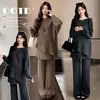 Nueva colección otoño/invierno 2026: conjunto de punto de maternidad con mangas murciélago y falda de retazos, estilo coreano, corte relajado y holgado
