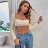 Estilo Europeu e Americano 2026 Roupas Femininas Transfronteiriças Y2K Girl Camiseta Tricô de Manga Longa Ultra-Curta com Amarração no Peito e Top com Barriga de Fora