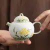 Tetera de cerámica pintada a mano, juego de té Kung Fu, tetera para preparar té de uso doméstico, tetera de color bajo vidriado, tetera individual, diseño de flor amarilla y hoja verde