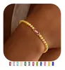 Pulseira de Presente de Aniversário para Mulheres, Contas Redondas Douradas, Pulseira Colorida de Zircônia em Corda Elástica, Pulseira de Contas Douradas com Pedra de Nascimento