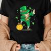 Camiseta Casual de Gola Redonda e Manga Curta com Estampa de Elfo Verde e Moeda de Ouro do Dia de São Patrício