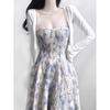 Suspensório de alta qualidade para mulheres verão praia floral pintura a óleo saia longa textura azul! Vestido Saia Francês Estilo Quente Comprimento Médio