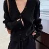 Estilo Coreano Otoño Nuevo Cárdigan de Punto de Color Sólido con Cuello en V para Mujer Diseño Holgado Casual Estilo Perezoso Suéter Prendas de Punto Exteriores