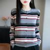 Novo Cardigan de Tricô Gola Redonda Lã Penteada Outono/Inverno 2025 Manga Longa Feminino Listrado Colorido Solto Versátil