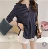 Camisa Informal de Estilo Coreano 2022 para Mujer Talla Grande Holgada para Figura Robusta Cuello en V Pequeño Un Botón Manga Siete Rayas