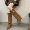 Calças pantalona com bico fino, franjas e salto para mulheres, nova coleção outono 2026, versáteis, pantalona, cano alto, até o joelho, botas de montaria para mulheres