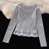 Blusas Cinzas Falsas de Duas Peças para Mulheres Nova Coleção Primavera & Outono 2025 Design de Retalhos Xadrez Aparência Emagrecedora Camisa de Base de Manga Longa