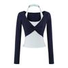 Top Halter Sexy Falso de Dos Piezas para Mujer Otoño Nuevo Aspecto Adelgazante Aspecto Adelgazante Pecho Cintura Camiseta Corta Mangas Largas