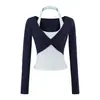 Top Halter Sexy Falso de Dos Piezas para Mujer Otoño Nuevo Aspecto Adelgazante Aspecto Adelgazante Pecho Cintura Camiseta Corta Mangas Largas