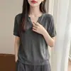 Top de punto de lino de alta gama listo para usar con cuello en V y manga corta para mujer, nuevo estilo de verano, elegante camiseta top hueca fina para mujer