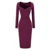 Vestido ajustado de manga larga con escote en V, puramente seductor y sexy, vestido de otoño de longitud media con cintura plisada ceñida y ajuste slim, con un estilo de chica atractiva