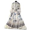 Vestido estilo europeo y americano para mujer 2025 nuevo estilo cuello alto cinturón cintura manga larga estampado volantes falda larga