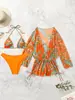 Bikini sexy de tres piezas para mujer estilo europeo y americano con estampado de plantas, con salida de baño de malla con cordón y traje de baño de dos piezas de atar