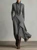 Vestido Longo Feminino Tamanho Europeu 2025 Site Independente da Amazon Primavera e Outono Cor Sólida Manga Longa Cruzado Gola Alta