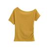 Camiseta de Manga Corta con Hombro Descubierto de Estilo Deseo Puro, Diseño Niche, Sentido del Diseño, Verano 2025 para Mujer, Color Sólido, Cintura Ajustada, Corte Entallado