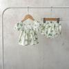 Ins estilo coreano verão novo bebê bonito vestido estampado pão calças set algodão solto renda conjunto de duas peças