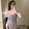 Vestido de fiesta de cumpleaños para mujer, nuevo estilo de verano, diseño de celebridades, cuello cuadrado, mangas abullonadas, vestido de malla 10709