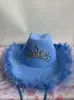 Sombrero de Vaquero Occidental Rosa de Carnaval con Borde de Plumas Corona para Adulto 9 Luces Protección Solar Sombrero para Exteriores con Ala Ancha