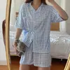 Pijama Feminino de Manga Curta e Shorts Verão Estilo Japonês Estilo Fresco Xadrez Conjunto para Casa
