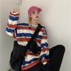 Tops Femininos para Outono Transfronteiriço Estilo K Ins Harajuku Retrô Listrado Solto Versátil Camisetas de Manga Comprida para Casais Homens e Mulheres