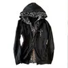 Sudadera con capucha y cremallera doble estilo gótico Y2K europeo y americano, estilo oscuro, falsa de dos piezas, parche de leopardo, patchwork, cruz, holgada