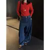 Calça de Sarja Feminina ICCIICC Estilo Relaxado Vintage com Bolsos de Design, Jeans de Cintura Alta Wide Leg Azul Escuro, Novo Modelo Outono 10643A