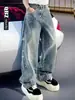 Jeans Rectos de Pierna Ancha Lavado Azul Vintage con Pedrería Estilo Americano Cleanfit Unisex Sueltos de Lujo Pantalones Largos