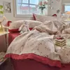 Estilo Nórdico Romántico Estampado de Rosas Transpirable Amigable con la Piel Gasa Plisada Sábana Funda Nórdica Juego de Tres Piezas Ropa de Cama Juego de Cuatro Piezas