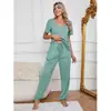 Toma real en stock Estilo europeo y americano de Amazon pijamas cómodos ropa de casa para mujer traje casual de manga corta con pantalones y escote de color liso