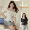 Blusa Elegante de Malla Patchwork de Lunares con Bloques de Color Estilo Francés de Manga Corta para Mujer, Tallas Grandes Ajustada 65397
