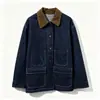Jaqueta de Veludo Color Block com Gola Reversível e Múltiplos Bolsos para Outono/Inverno 2026, Jaqueta Jeans Vintage Workwear