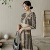 Vestido Suéter 2023 Otoño Nuevo Estilo Celebridad Elegante Ajustado Pata de Gallo Tejido Moda Vestido Básico para Mujer