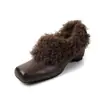 Zapatos con forro de pelo para realzar la altura, versión de piel de vaca, para mujer, mocasines de cuero genuino, puntera cuadrada con terciopelo, zapatos de una sola capa, zapatos de algodón cálidos, tacón grueso, zapatos pequeños de cuero